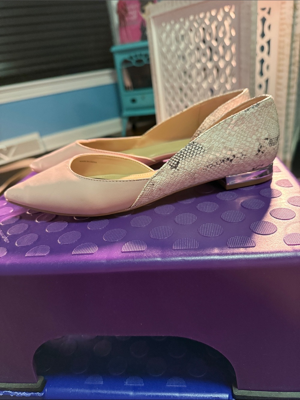 White House Black Market Blush Pink Pointed D'Orsay Flats with Snakeskin Accent